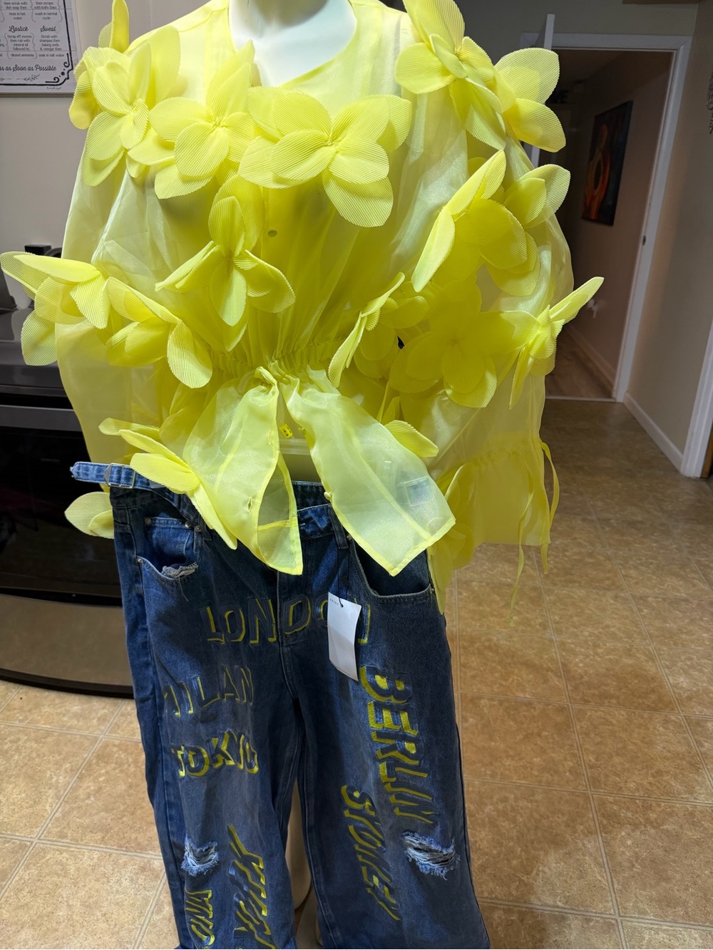 AKIRA Neon Yellow Floral Accent Top with Embellished Blue Jeans top -S Jean 9-29